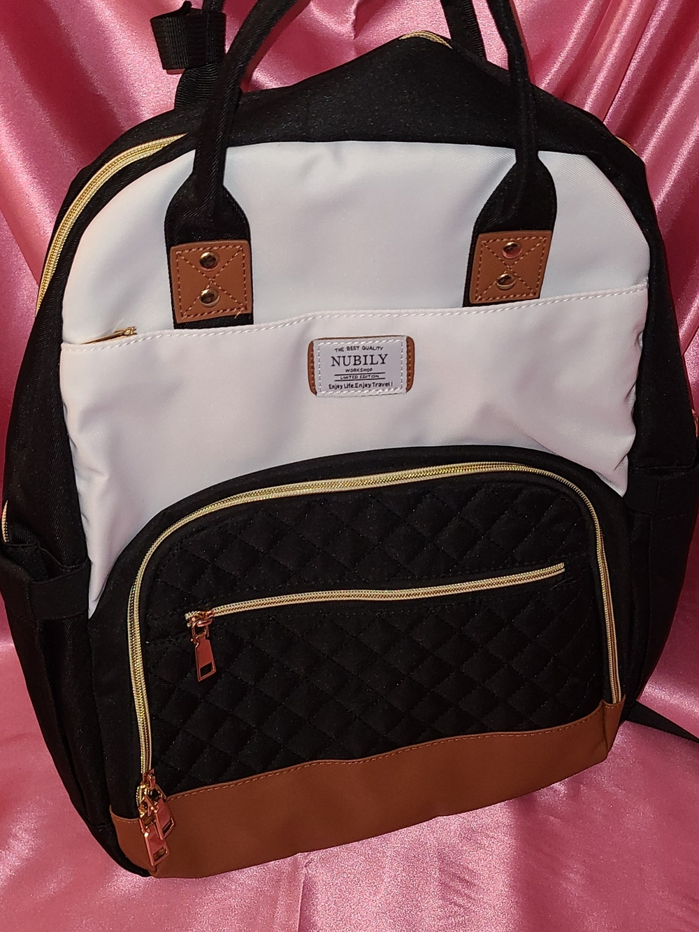 Two-Tone Black & White Quilted Tote Travel Backpack